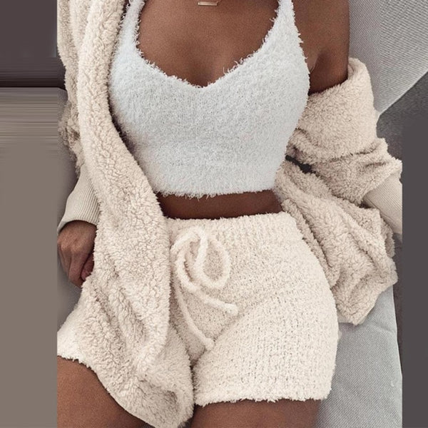 Three Piece Fluffy Outfits Plush Velvet Hooded Cardigan Coat+Shorts+Crop Top Women Tracksuit Sets Casual Sports Sweatshirt