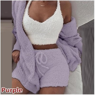 Three Piece Fluffy Outfits Plush Velvet Hooded Cardigan Coat+Shorts+Crop Top Women Tracksuit Sets Casual Sports Sweatshirt