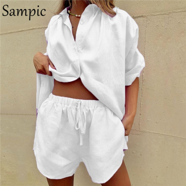 Sampic Summer Tracksuit Women  Lounge Wear Shorts Set Short Sleeve Shirt Tops And Loose Mini Shorts Suit Two Piece Set