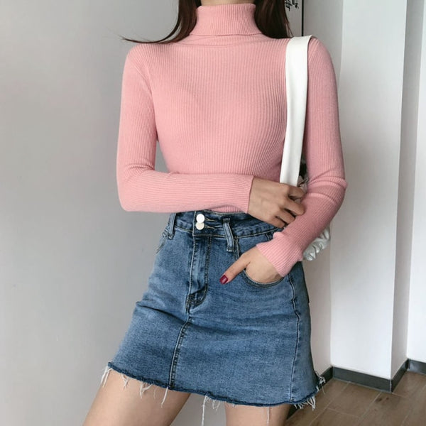 Autumn Winter Knitted Sweater Pullovers Turtleneck Sweater for Women Long Sleeve White Black Soft Female Jumper Clothing