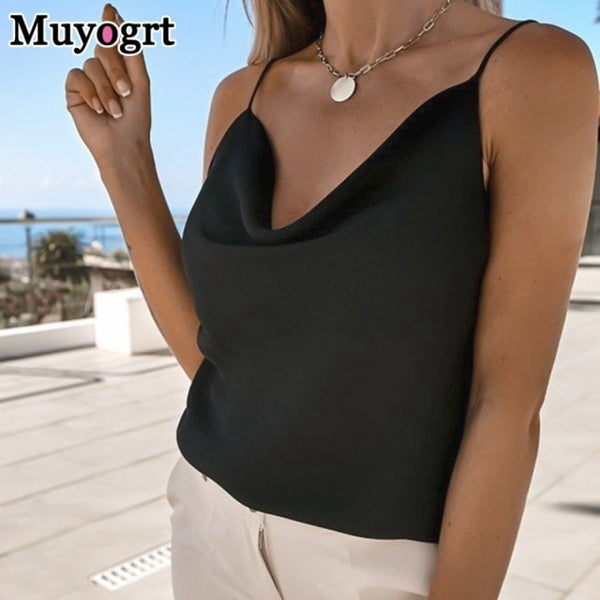 Muyogrt Women Summer Blouse Shirts V Neck Ruffle Blouses Backless Spaghetti Strap Office Ladies Sleeveless Casual Tops