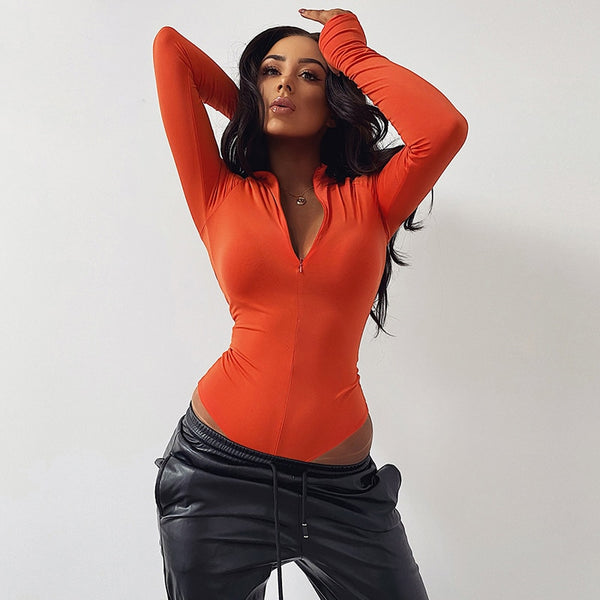 Beyouare Autumn Solid Bodysuit Women Slim Invisible Zipper O-Neck Long Sleeve Skinny Vintage Elegant Female Bodysuits