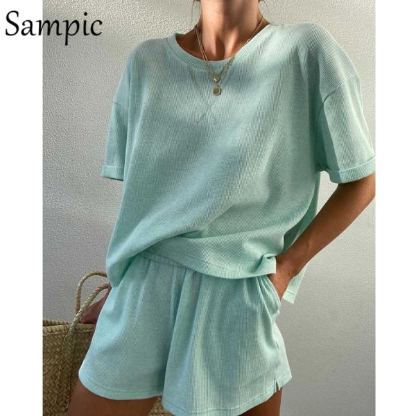 Sampic Summer Tracksuit Women  Lounge Wear Shorts Set Short Sleeve Shirt Tops And Loose Mini Shorts Suit Two Piece Set