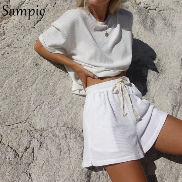 Sampic Summer Tracksuit Women  Lounge Wear Shorts Set Short Sleeve Shirt Tops And Loose Mini Shorts Suit Two Piece Set