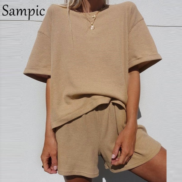 Sampic Summer Tracksuit Women  Lounge Wear Shorts Set Short Sleeve Shirt Tops And Loose Mini Shorts Suit Two Piece Set