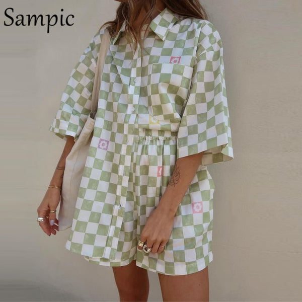 Sampic Summer Tracksuit Women  Lounge Wear Shorts Set Short Sleeve Shirt Tops And Loose Mini Shorts Suit Two Piece Set