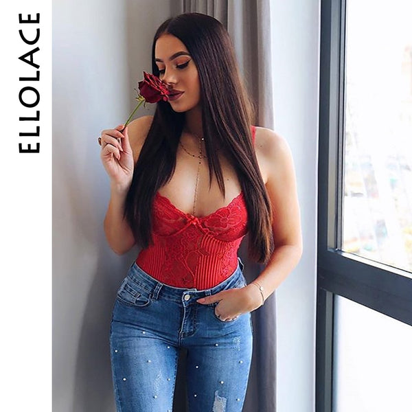 Ellolace Neon Summer 21 Colors Lace Bodysuit Women Floral Embroidery Bow Tie Transparent  Bodysuit Jumpsuit