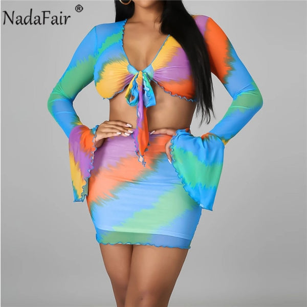 Nadafair Tie Dye Beach Sexy Dress Women Two Piece Set Club Outfits Long Sleeve Crop Tops And Mini Skirts Bodycon Summer Dress