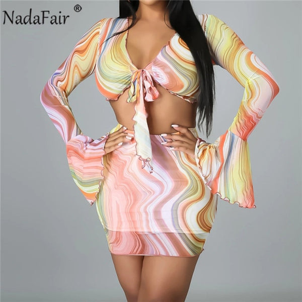 Nadafair Tie Dye Beach Sexy Dress Women Two Piece Set Club Outfits Long Sleeve Crop Tops And Mini Skirts Bodycon Summer Dress