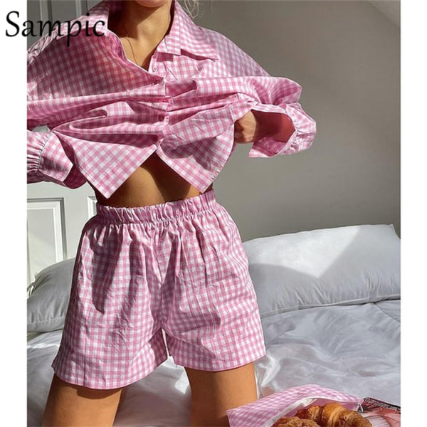 Sampic Summer Tracksuit Women  Lounge Wear Shorts Set Short Sleeve Shirt Tops And Loose Mini Shorts Suit Two Piece Set