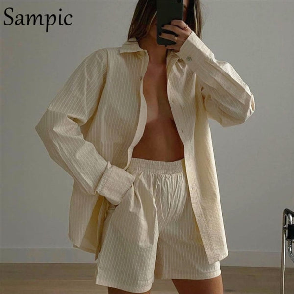 Sampic Summer Tracksuit Women  Lounge Wear Shorts Set Short Sleeve Shirt Tops And Loose Mini Shorts Suit Two Piece Set