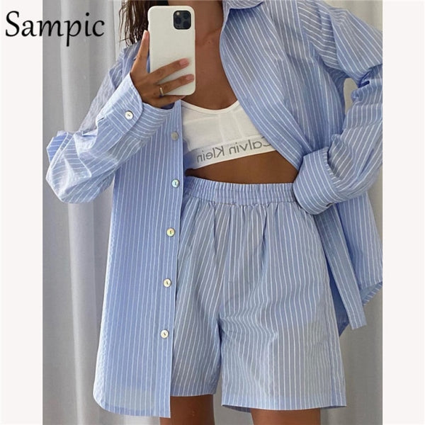 Sampic Summer Tracksuit Women  Lounge Wear Shorts Set Short Sleeve Shirt Tops And Loose Mini Shorts Suit Two Piece Set